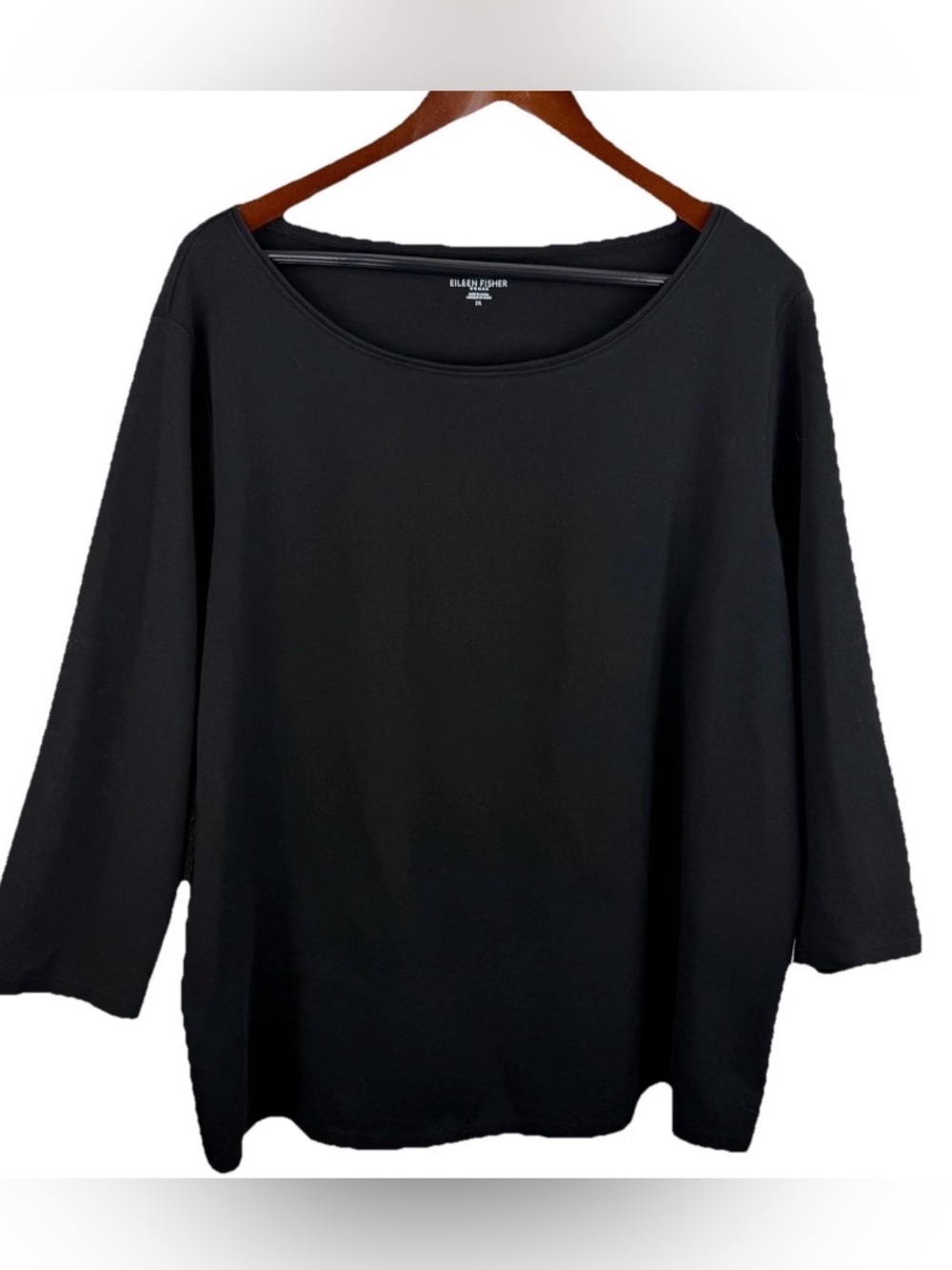Eileen Fisher | Black Wide Round Neck 3/4 Sleeve Cotton Top
